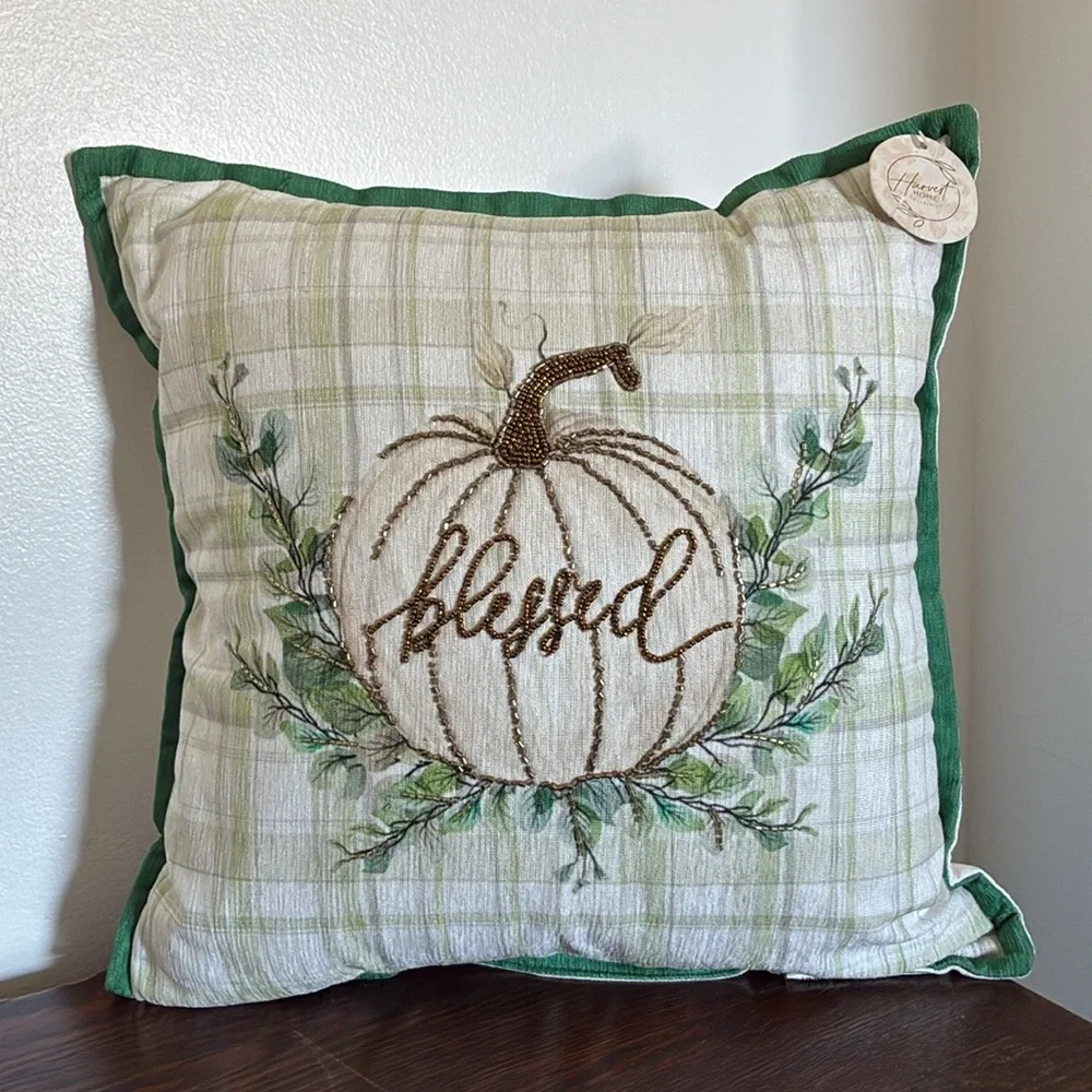 HP-NWT 16x16 Soft Green & Cream Plaid- Blessed Beaded Pumpkin Decorative Pillow